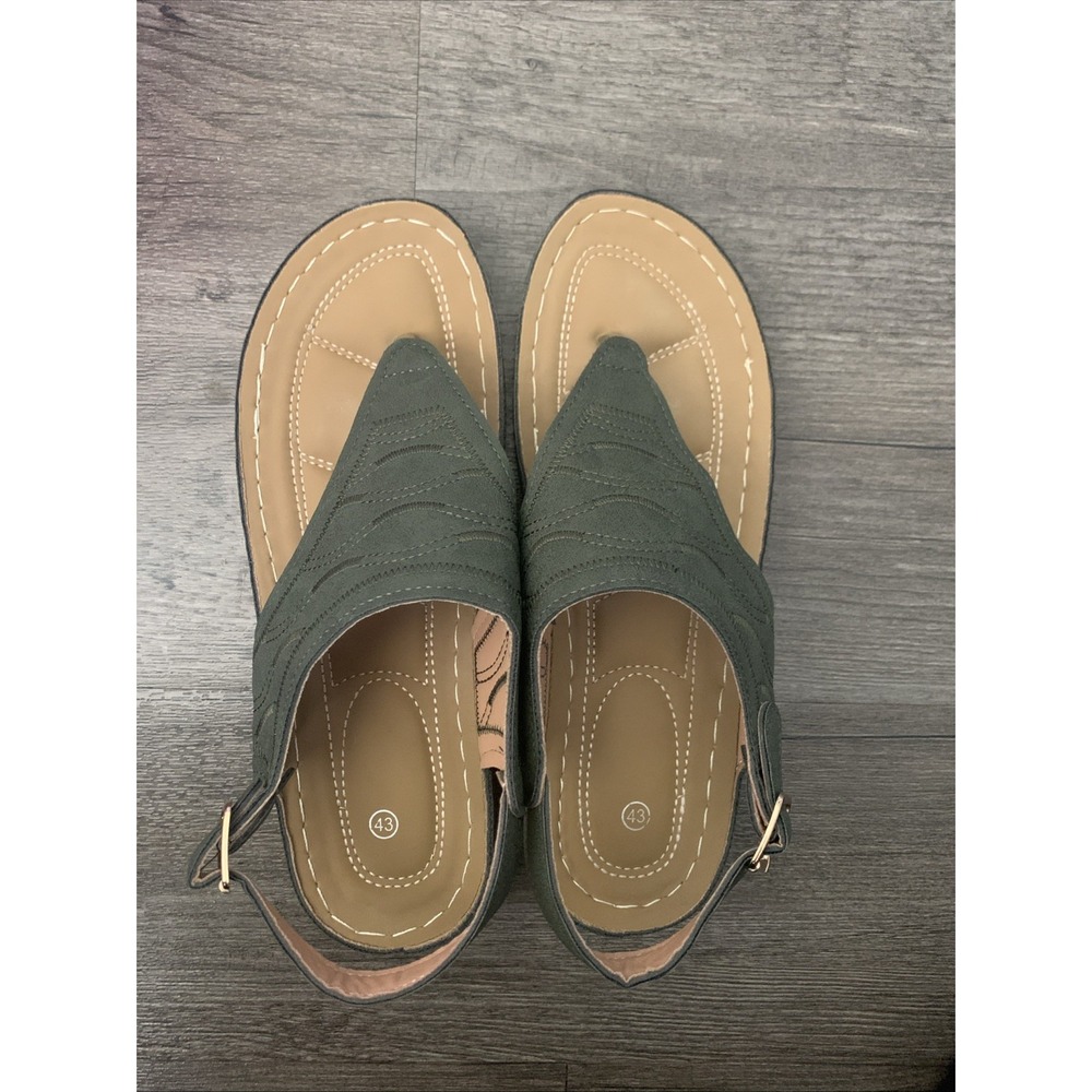 Olive Green Slingback Thong Sandals Women Size 43 Flat Comfort Shoes